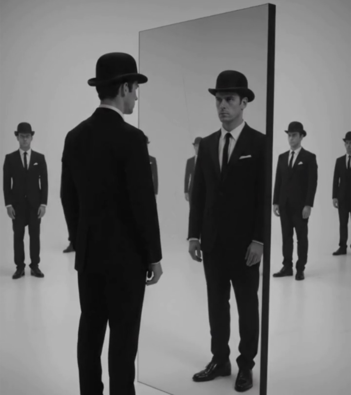 Black-and-white photograph: among identical men in dark suits and bowler hats, one faces a tall mirror and meets his serious, attentive reflection.